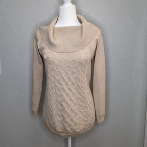 Cable Knit Sweater Cowell Neck Acrylic/ Wool Blend Cream Size Small